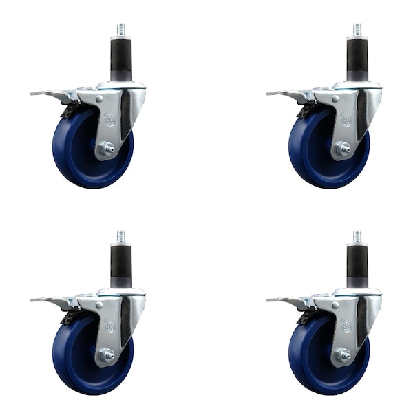 4'' Solid Poly Swivel 1-1/4'' Expanding Stem Caster Set Total Lock Brake, 4PK